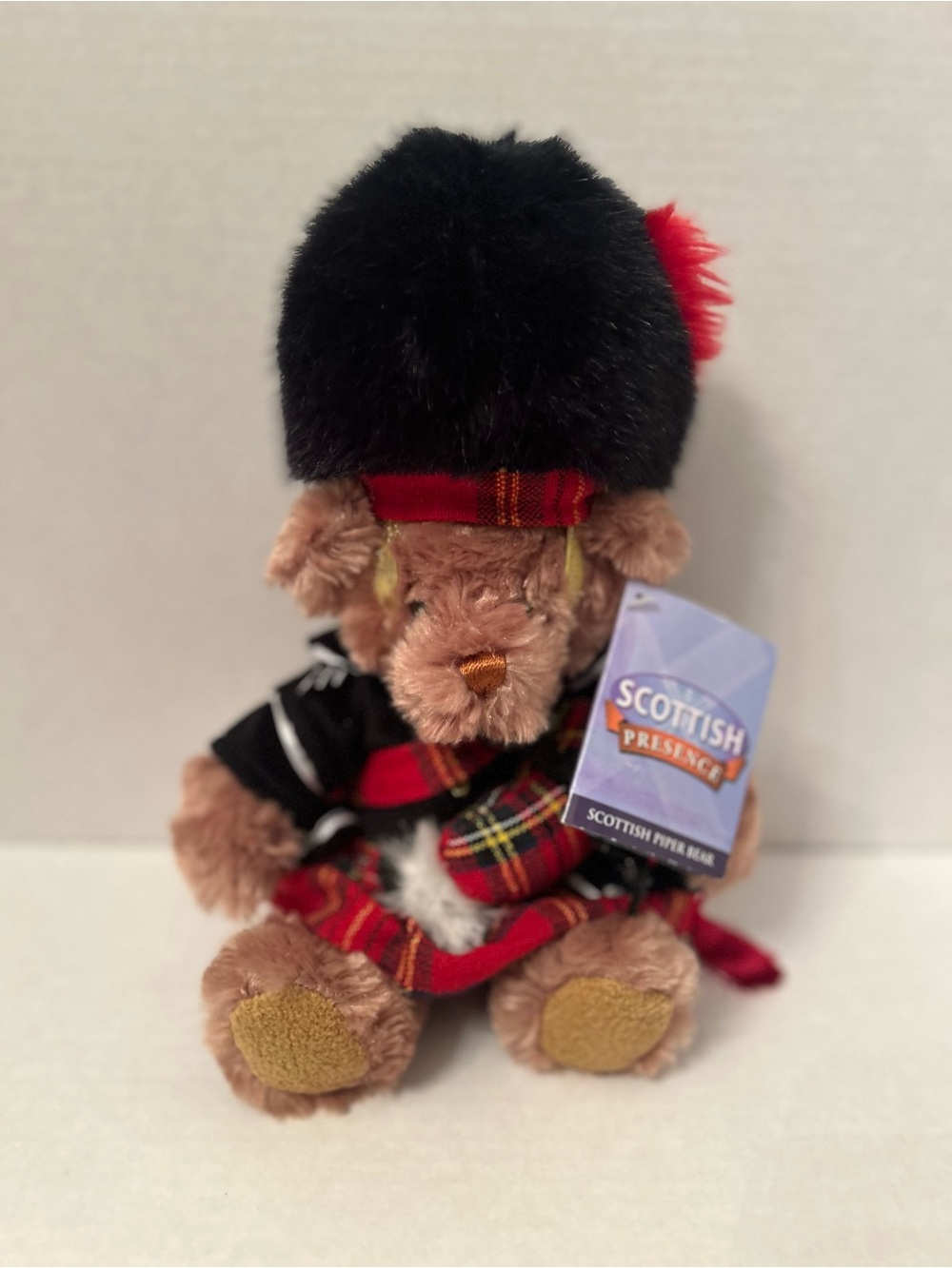 Scottish Presence Scottish Piper Bear Plush - Brown with Black & Red Tartan
